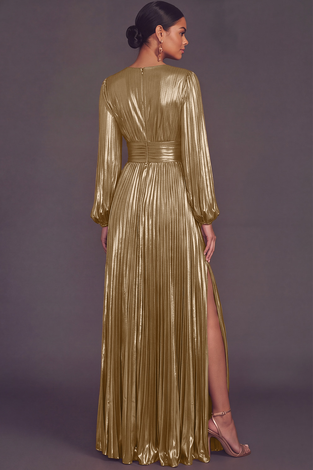 Bronzer Metallic V-Neck Pleated A-Line Long Formal Dress with Slit