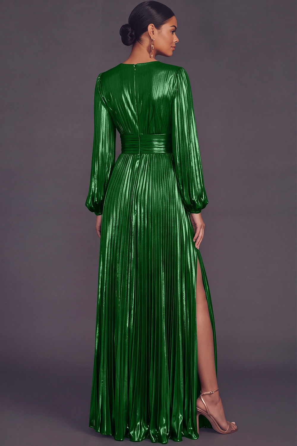 Bronzer Metallic V-Neck Pleated A-Line Long Formal Dress with Slit