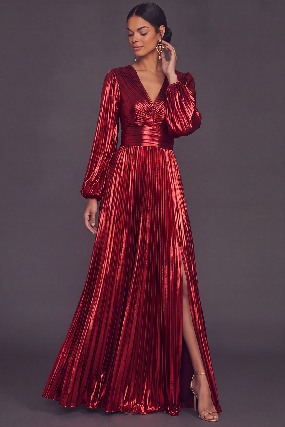Bronzer Metallic V-Neck Pleated A-Line Long Formal Dress with Slit