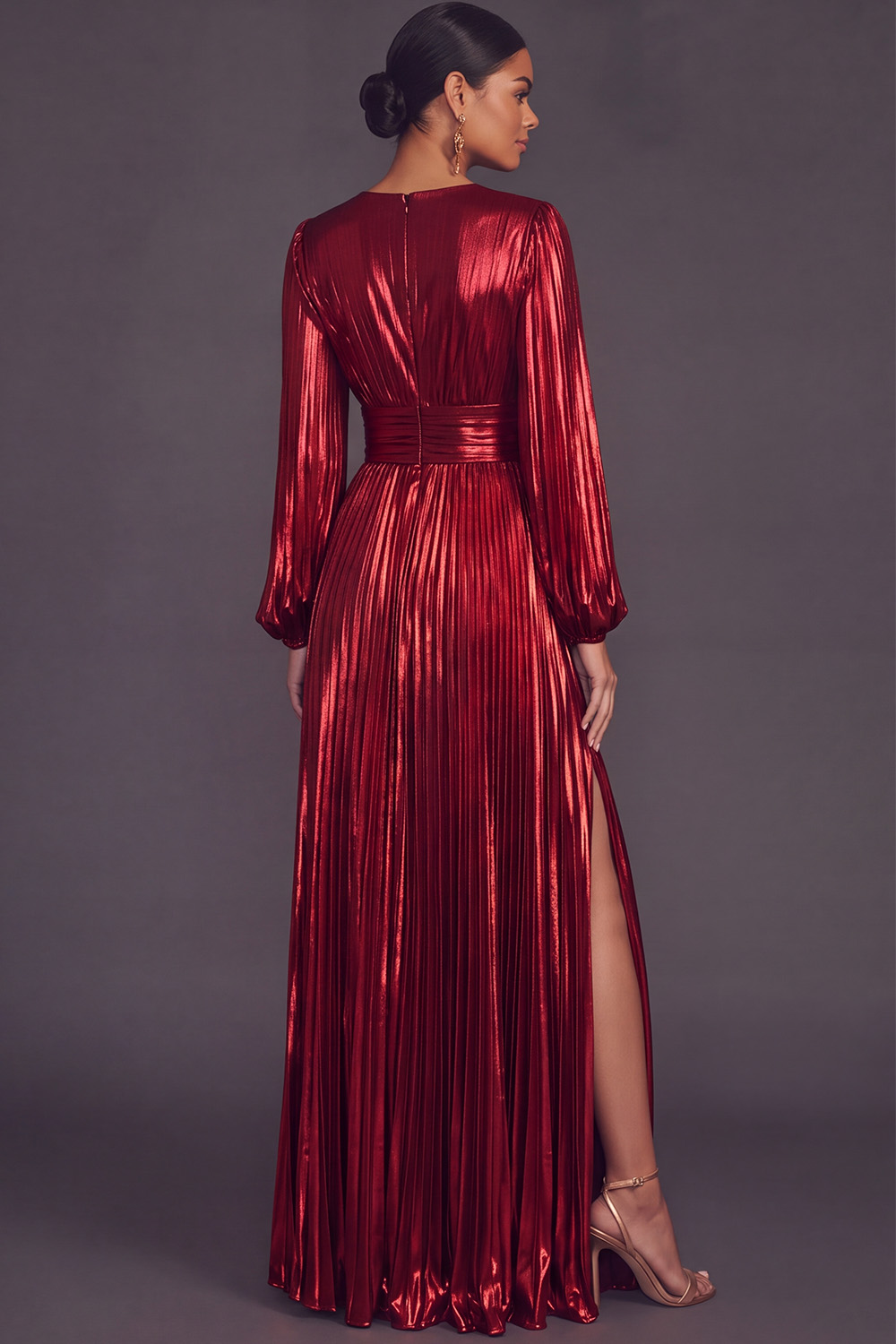 Bronzer Metallic V-Neck Pleated A-Line Long Formal Dress with Slit