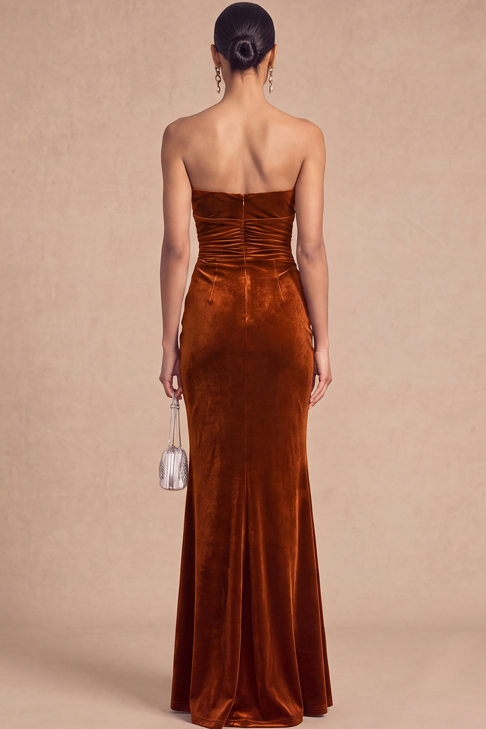 Burgundy Mermaid Strapless Ruched Maxi Wedding Guest Dress with Ruffles