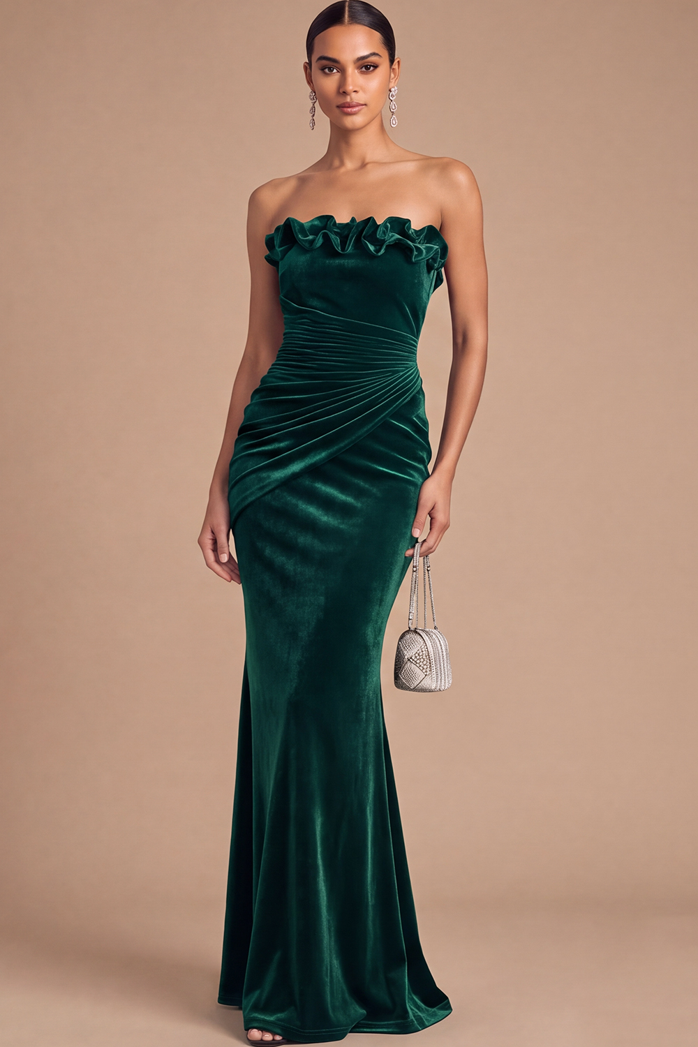 Burgundy Mermaid Strapless Ruched Maxi Wedding Guest Dress with Ruffles