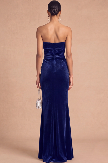 Burgundy Mermaid Strapless Ruched Maxi Wedding Guest Dress with Ruffles