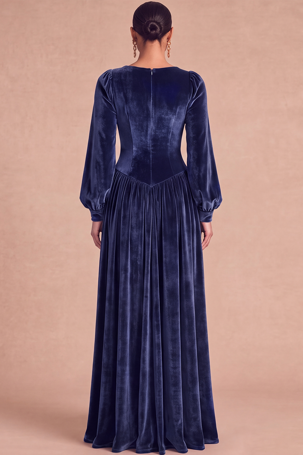 Brown Corset Velvet Square Neck Long Sleeves Wedding Guest Dress with Slit