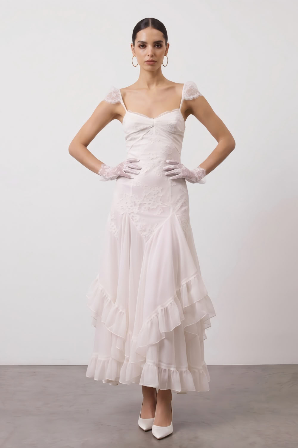 White Floral Ruffled Lace Long Boho Wedding Dress