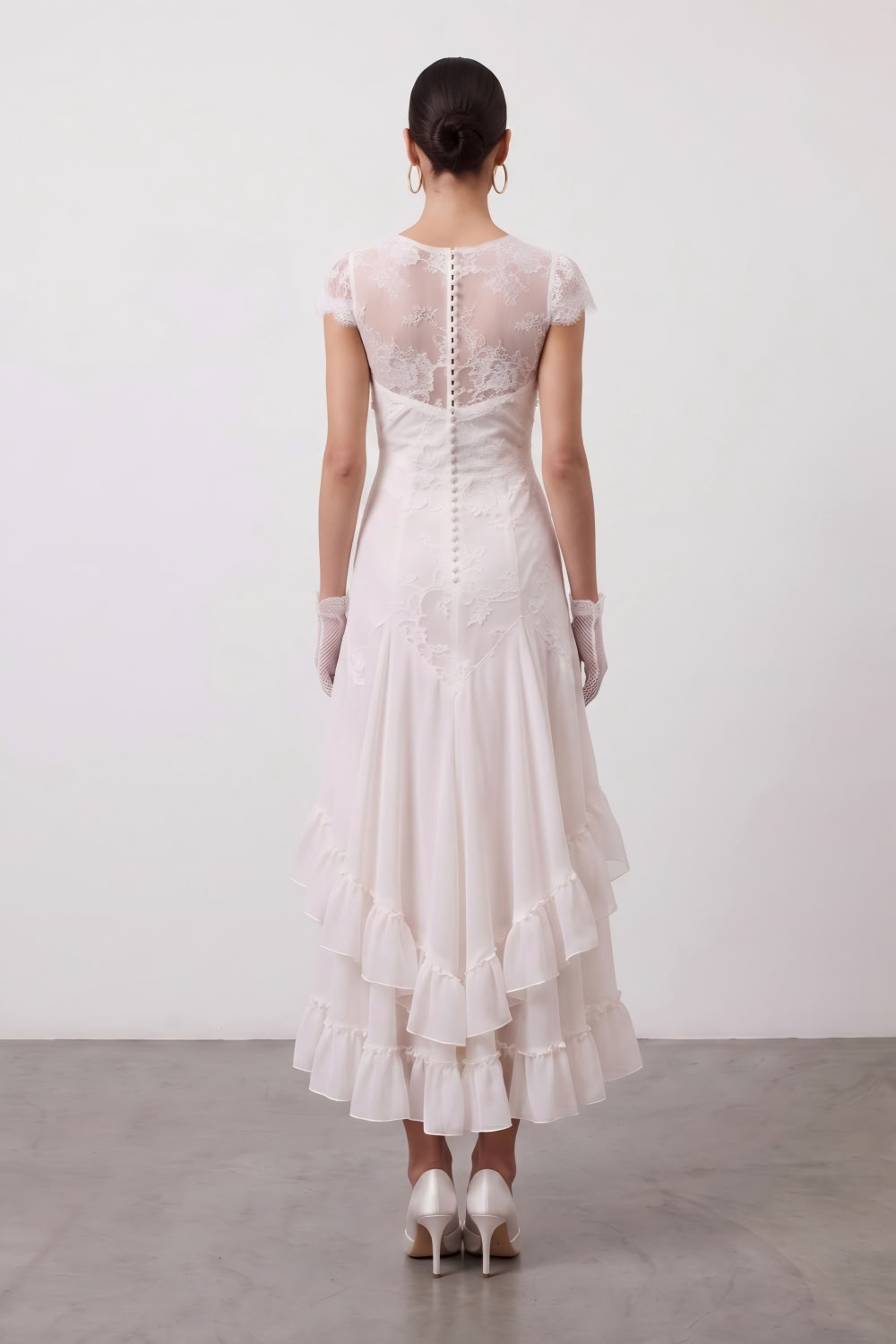 White Floral Ruffled Lace Long Boho Wedding Dress