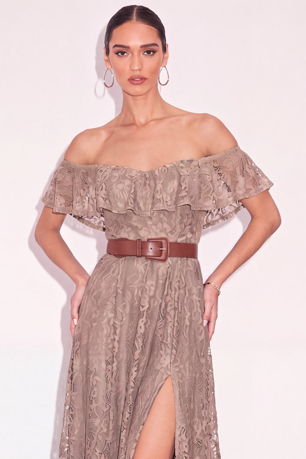 White Off the Shoulder Floral Ruffled Long Boho Wedding Dress with Slit