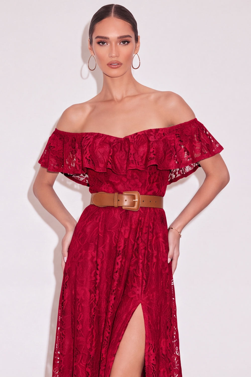 White Off the Shoulder Floral Ruffled Long Boho Wedding Dress with Slit