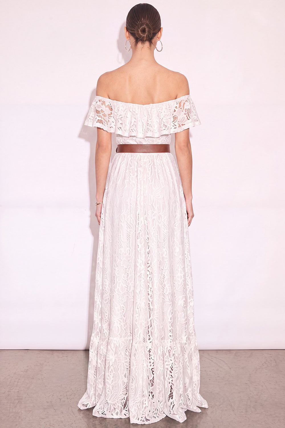 White Off the Shoulder Floral Ruffled Long Boho Wedding Dress with Slit