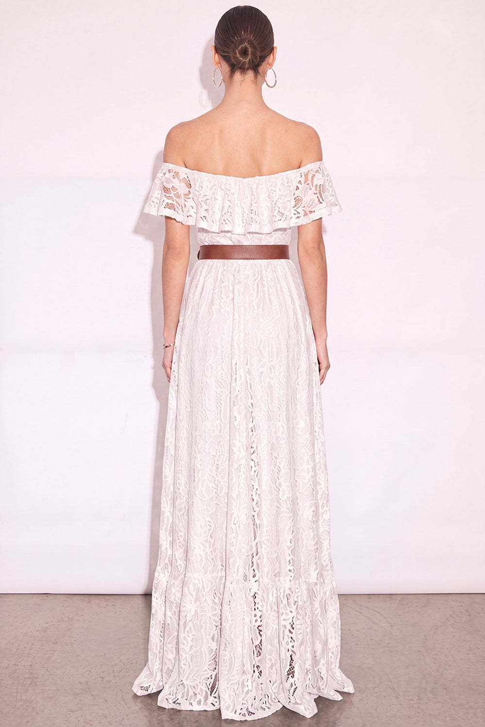 White Off the Shoulder Floral Ruffled Long Boho Wedding Dress with Slit