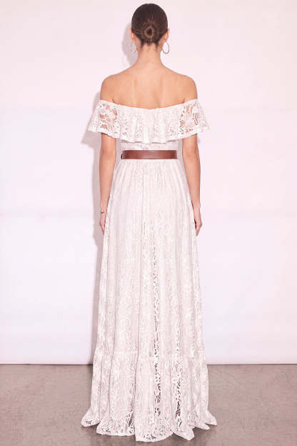 White Off the Shoulder Floral Ruffled Long Boho Wedding Dress with Slit
