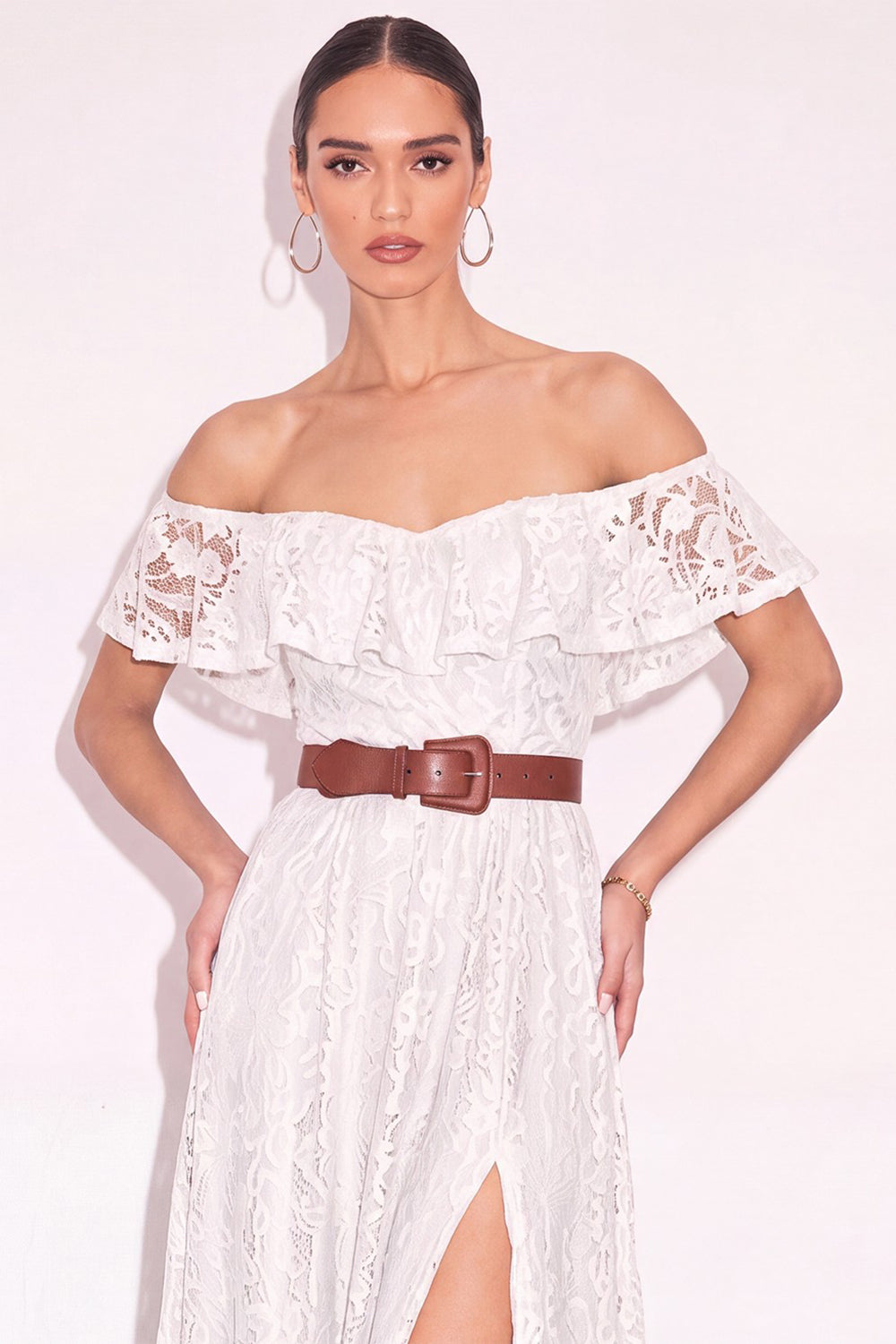 White Off the Shoulder Floral Ruffled Long Boho Wedding Dress with Slit