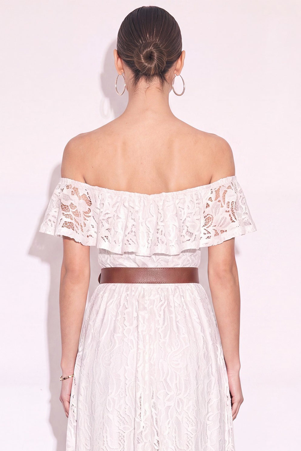 White Off the Shoulder Floral Ruffled Long Boho Wedding Dress with Slit