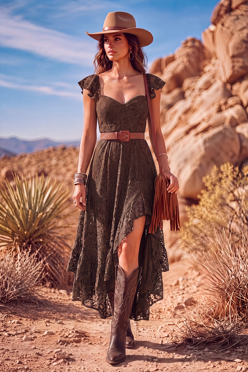 Leely Women Brown A Line High-Low Boho Country Western Wedding Dress with Belt Sweetheart Flutter Sleeves Lace Floral  Bridal Reception Dress