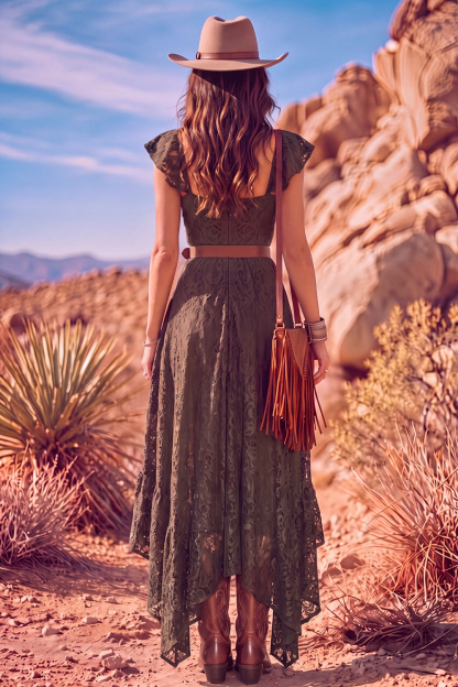 Leely Women Brown A Line High-Low Boho Country Western Wedding Dress with Belt Sweetheart Flutter Sleeves Lace Floral  Bridal Reception Dress
