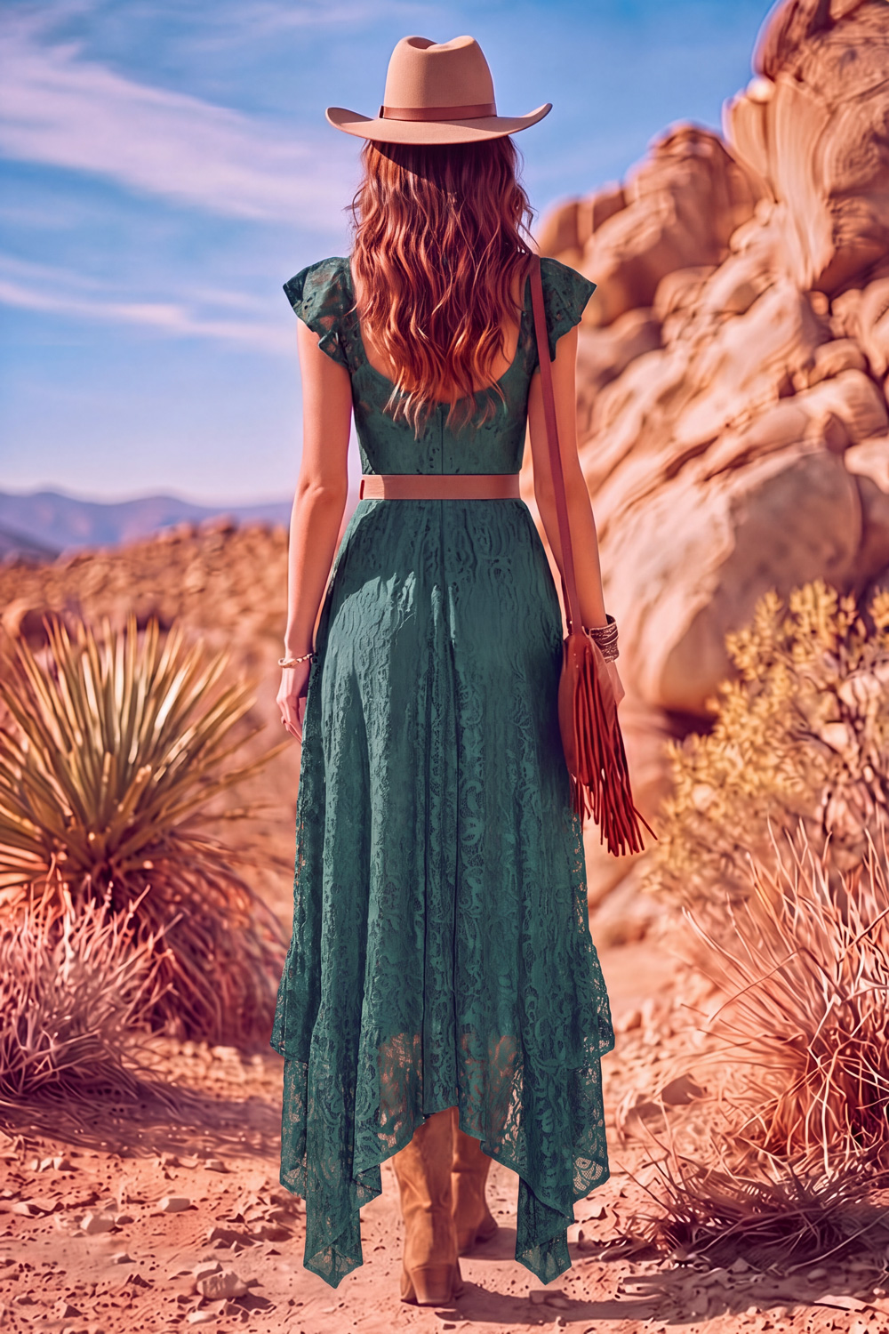 Leely Women Green A Line High-Low Boho Country Western Wedding Dress with Belt Sweetheart Flutter Sleeves Lace Floral  Bridal Reception Dress