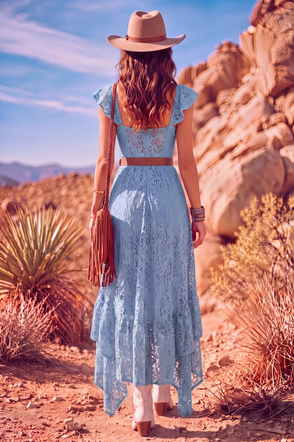 Leely Women Light Blue A Line High-Low Boho Country Western Wedding Dress with Belt Sweetheart Flutter Sleeves Lace Floral  Bridal Reception Dress