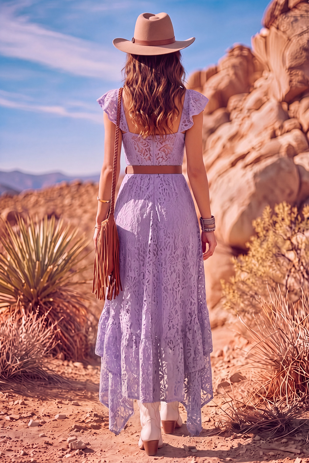 Leely Women Lilac A Line High-Low Boho Country Western Wedding Dress with Belt Sweetheart Flutter Sleeves Lace Floral  Bridal Reception Dress
