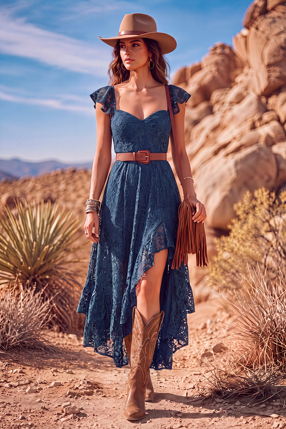 Leely Women Navy A Line High-Low Boho Country Western Wedding Dress with Belt Sweetheart Flutter Sleeves Lace Floral  Bridal Reception Dress