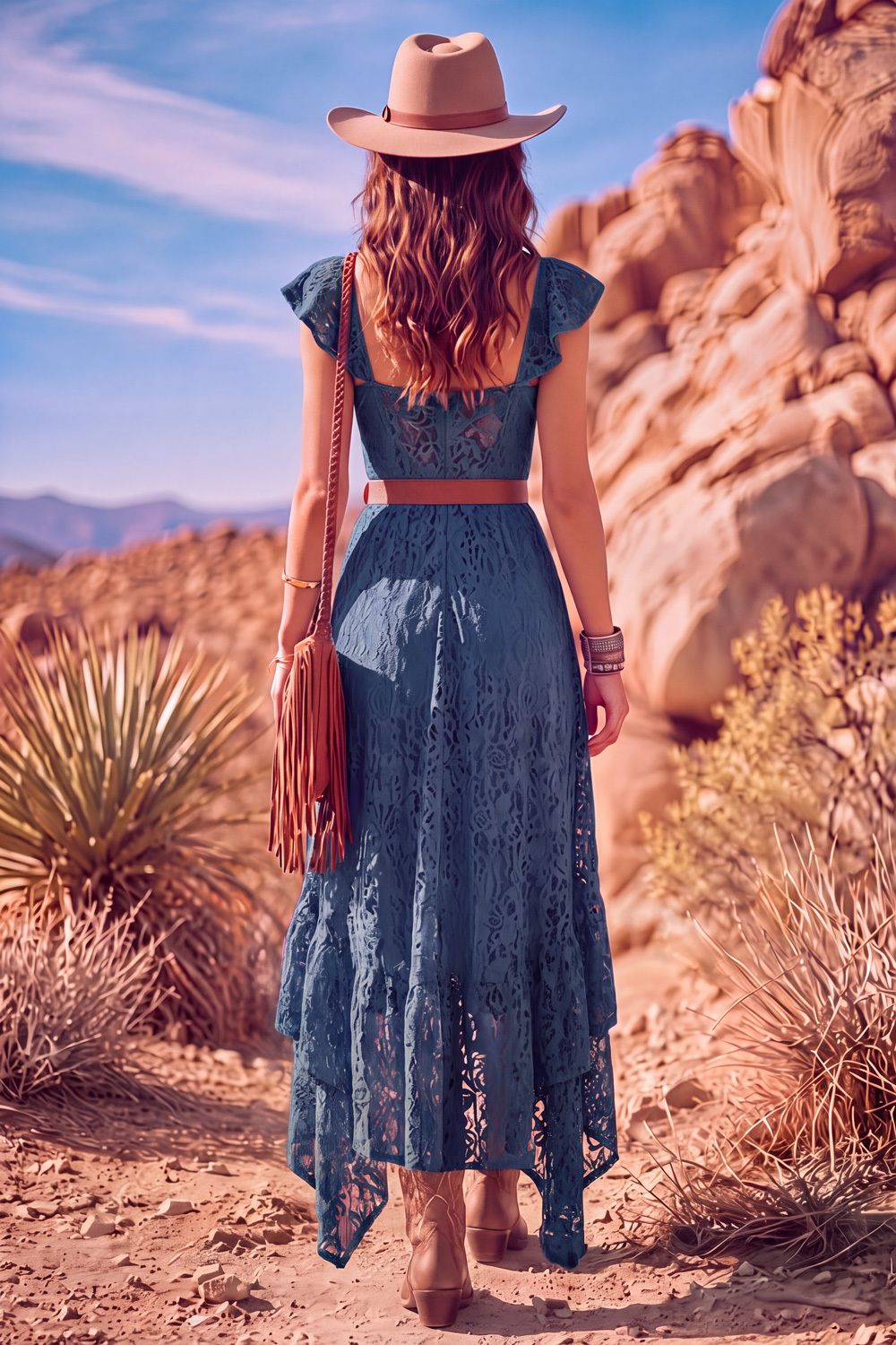 Leely Women Navy A Line High-Low Boho Country Western Wedding Dress with Belt Sweetheart Flutter Sleeves Lace Floral  Bridal Reception Dress