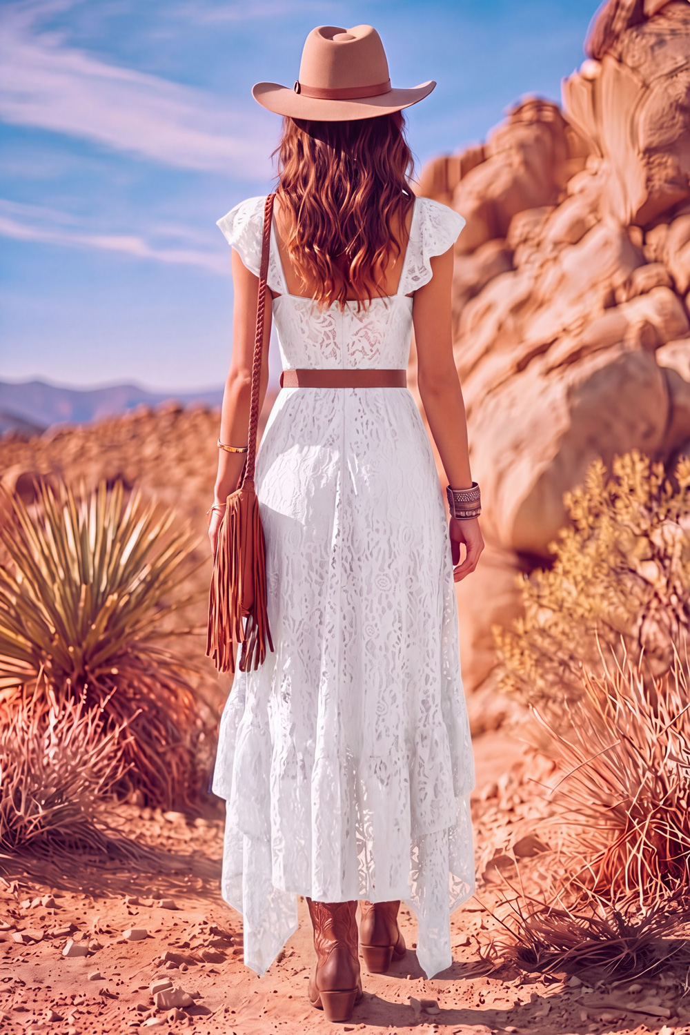 Leely Women White A Line High-Low Boho Country Western Wedding Dress with Belt Sweetheart Flutter Sleeves Lace Floral  Bridal Reception Dress