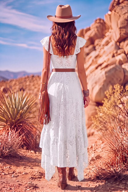 Leely Women White A Line High-Low Boho Country Western Wedding Dress with Belt Sweetheart Flutter Sleeves Lace Floral  Bridal Reception Dress