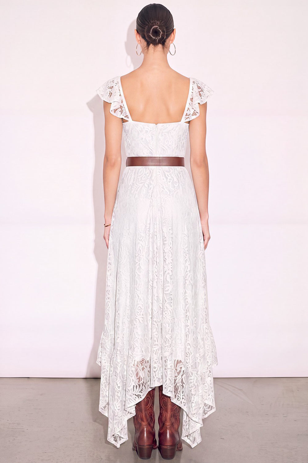 White A Line Sweetheart Flutter Sleeves High-Low Boho Wedding Dress with Belt