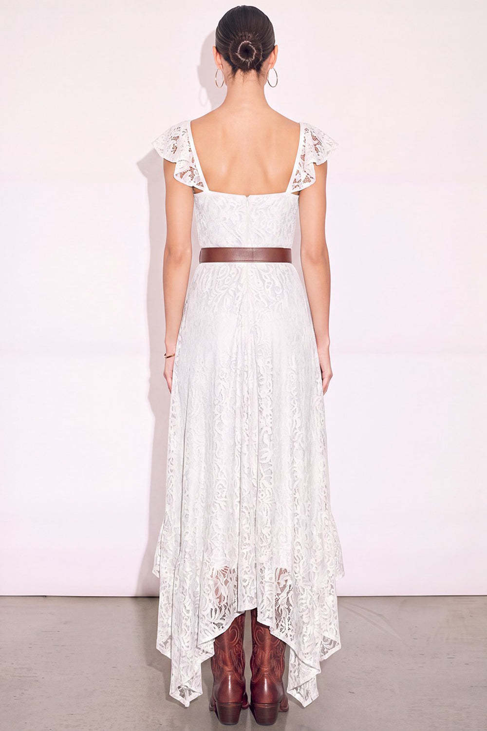 White A Line Sweetheart Flutter Sleeves High-Low Boho Wedding Dress with Belt