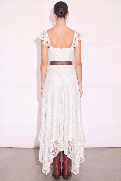 White A Line Sweetheart Flutter Sleeves High-Low Boho Wedding Dress with Belt