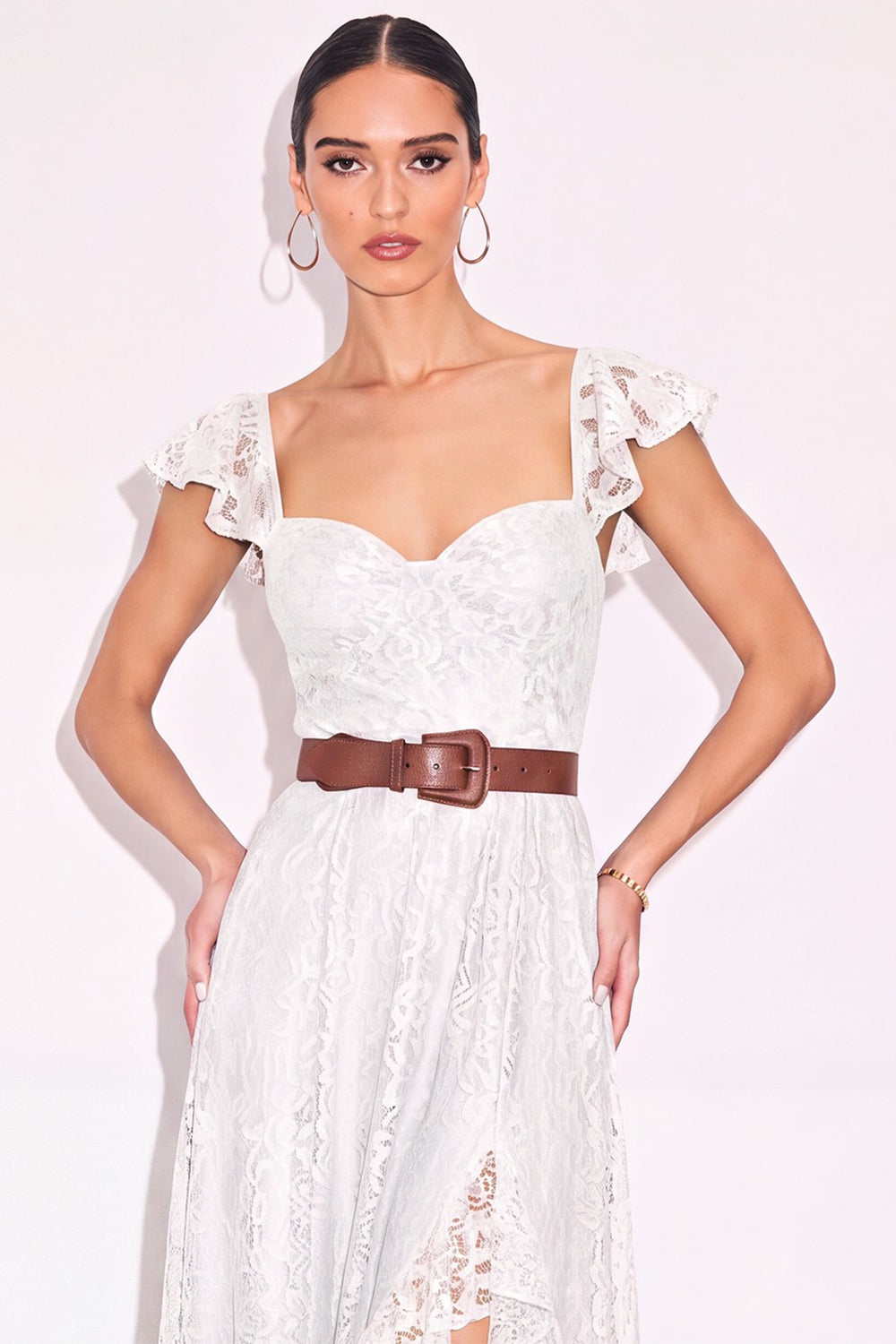 White A Line Sweetheart Flutter Sleeves High-Low Boho Wedding Dress with Belt
