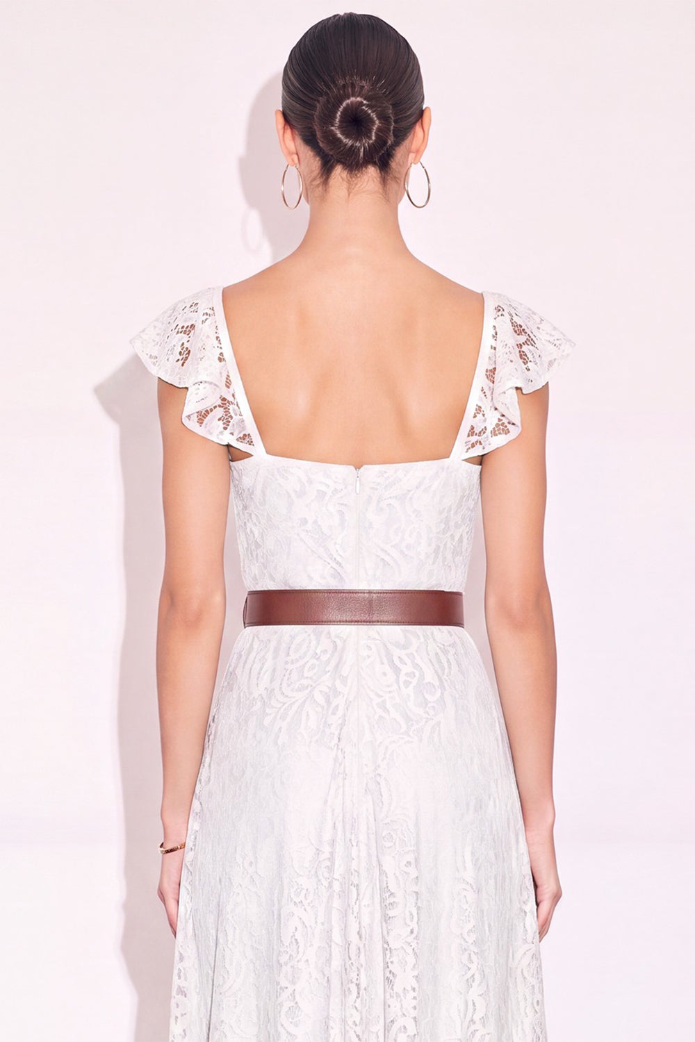White A Line Sweetheart Flutter Sleeves High-Low Boho Wedding Dress with Belt