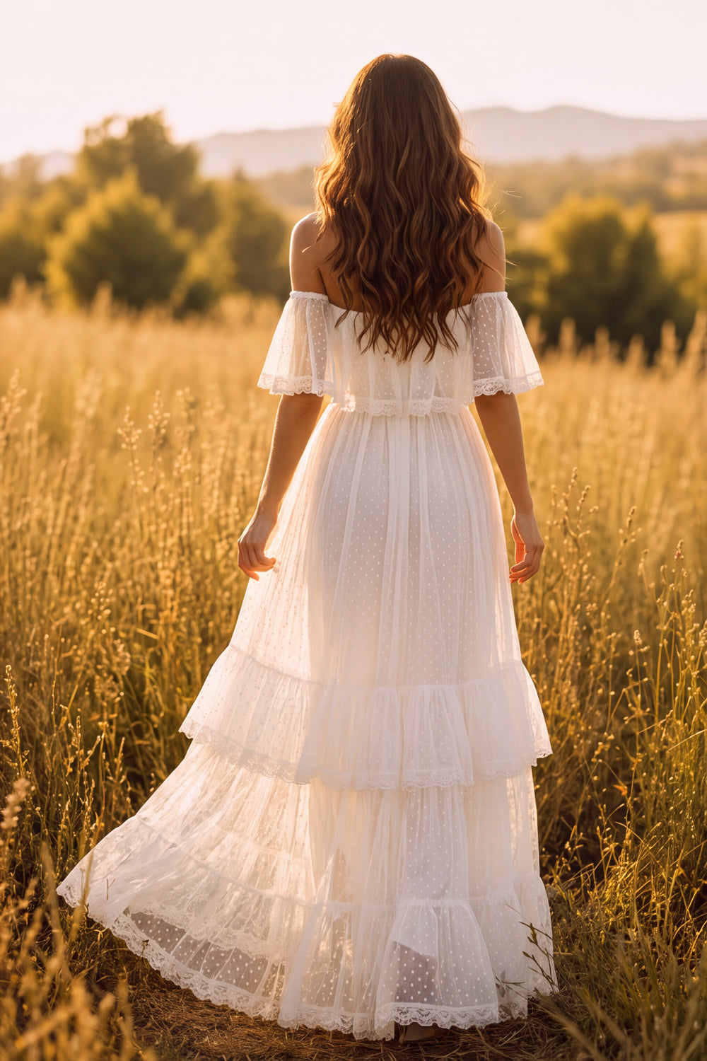 White Off the Shoulder Boho A-Line Ruffled Tiered Long Western Wedding Dress