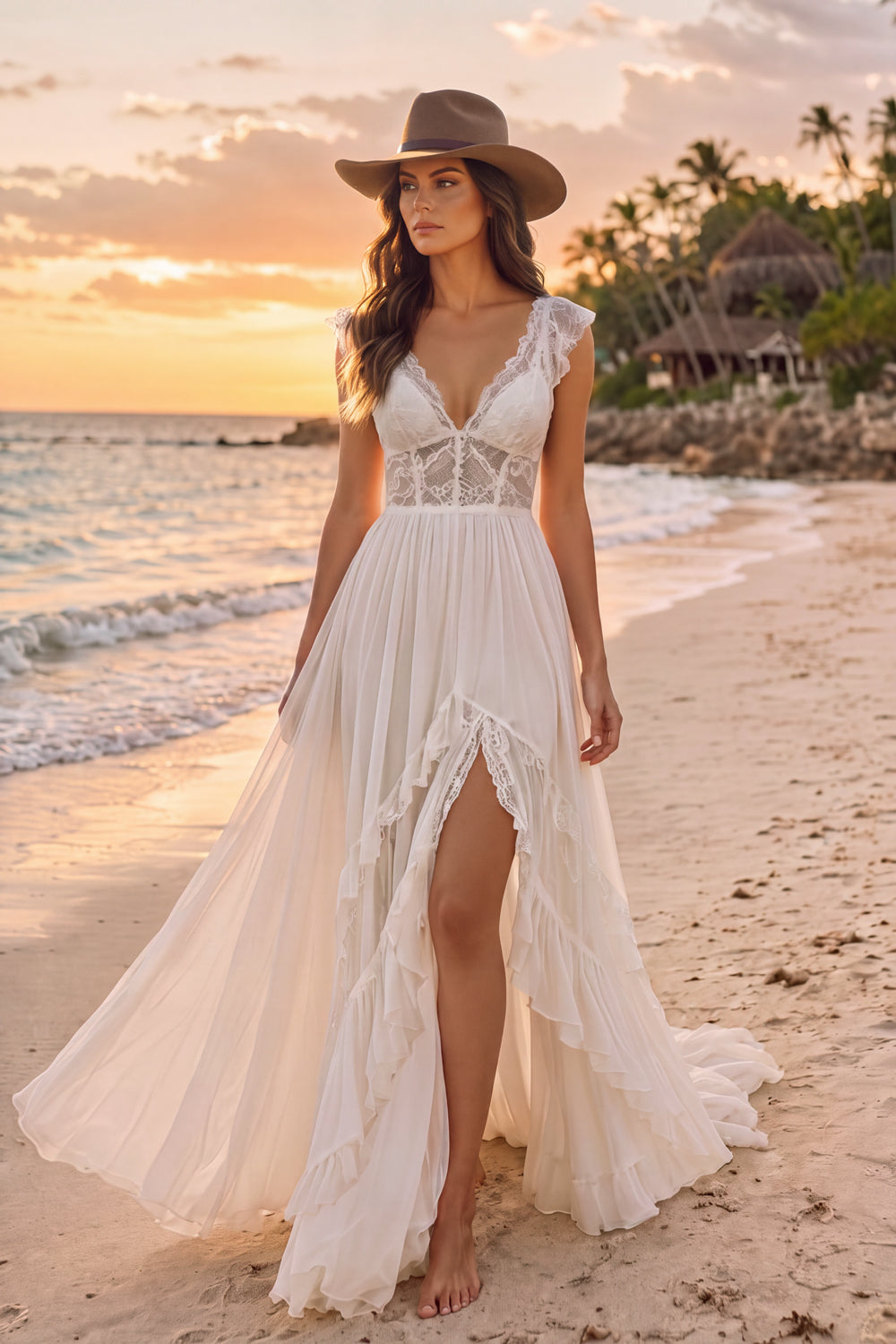 White Corset A-Line V-Neck Boho Ruffled Long Lace Western Wedding Dress with Slit