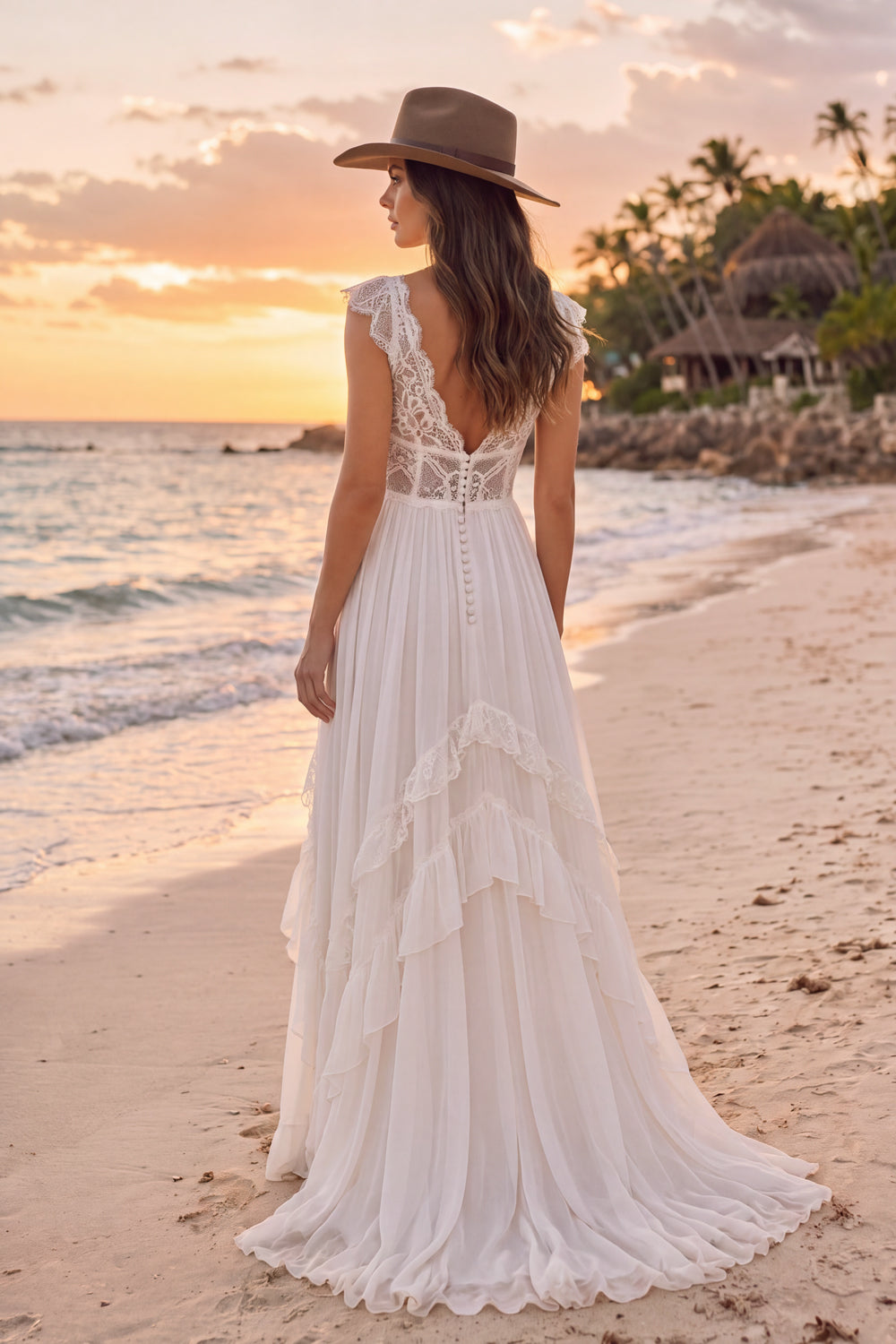 White Corset A-Line V-Neck Boho Ruffled Long Lace Western Wedding Dress with Slit