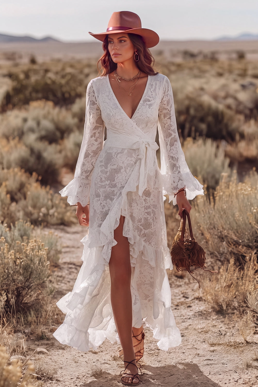 White Lace V-Neck Ruffled A-Line Long Western Wedding Dress with Sash