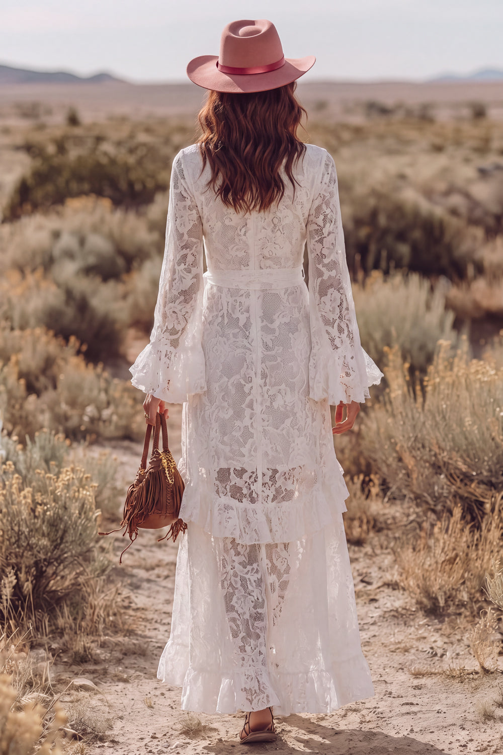 White Lace V-Neck Ruffled A-Line Long Western Wedding Dress with Sash