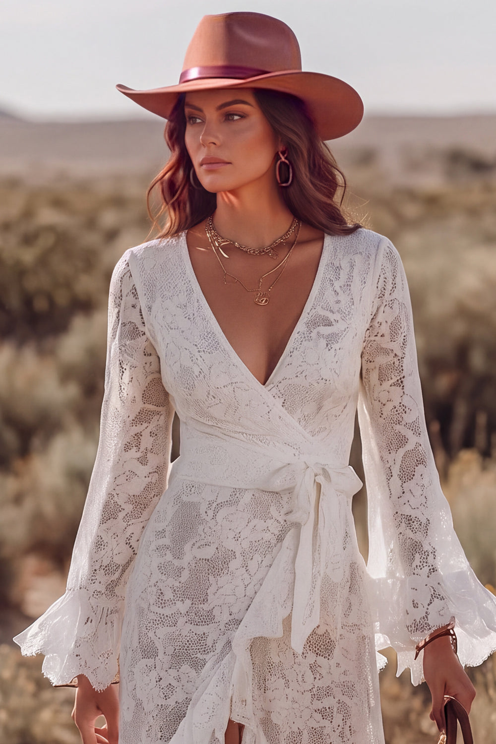 White Lace V-Neck Ruffled A-Line Long Western Wedding Dress with Sash