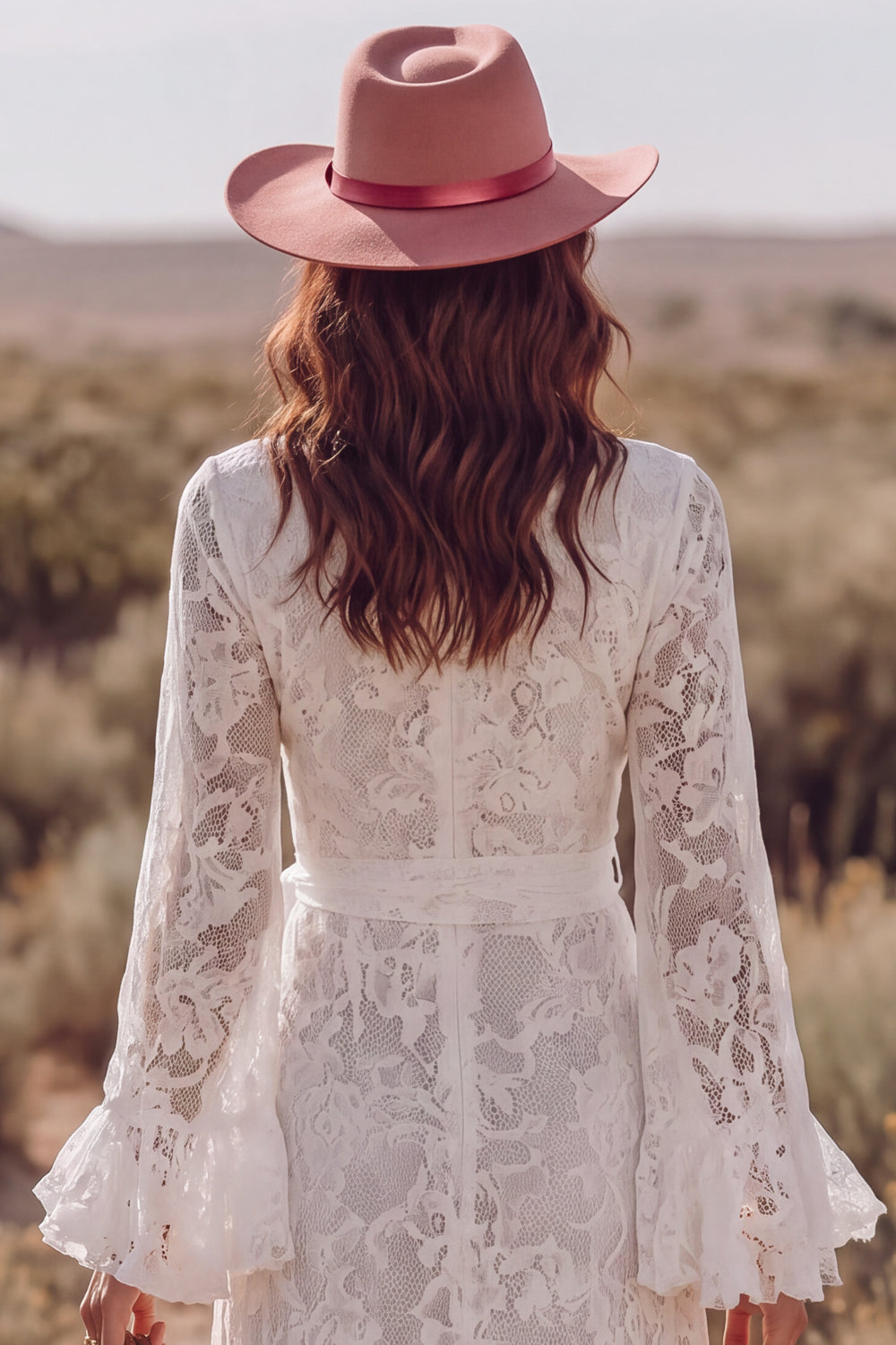 White Lace V-Neck Ruffled A-Line Long Western Wedding Dress with Sash