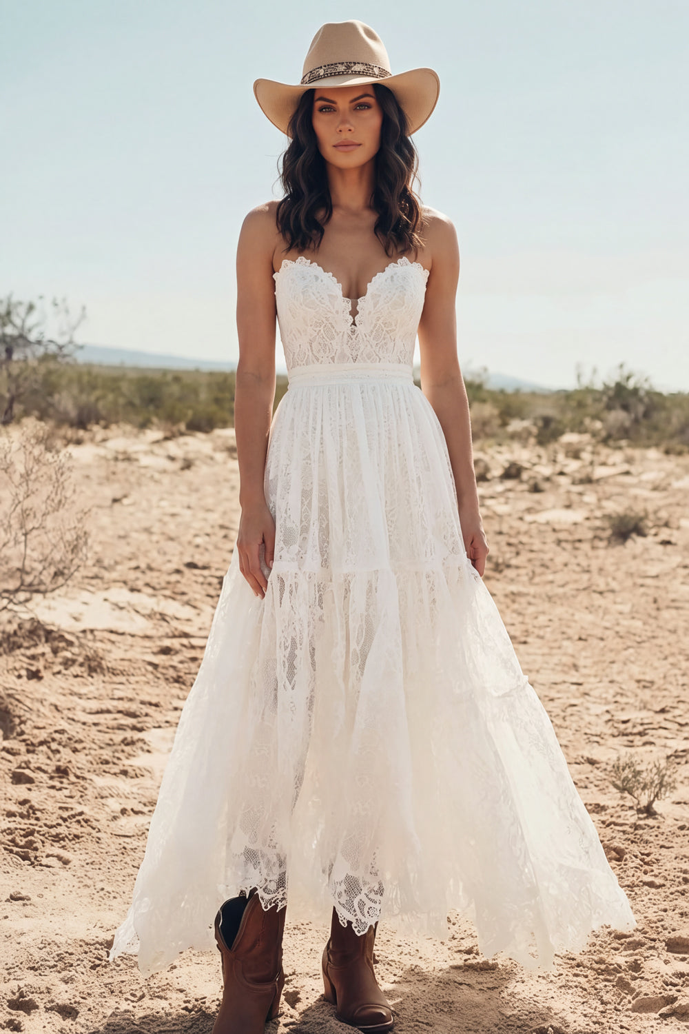 White A-Line Tiered Strapless Boho Lace Long Western Wedding Dress