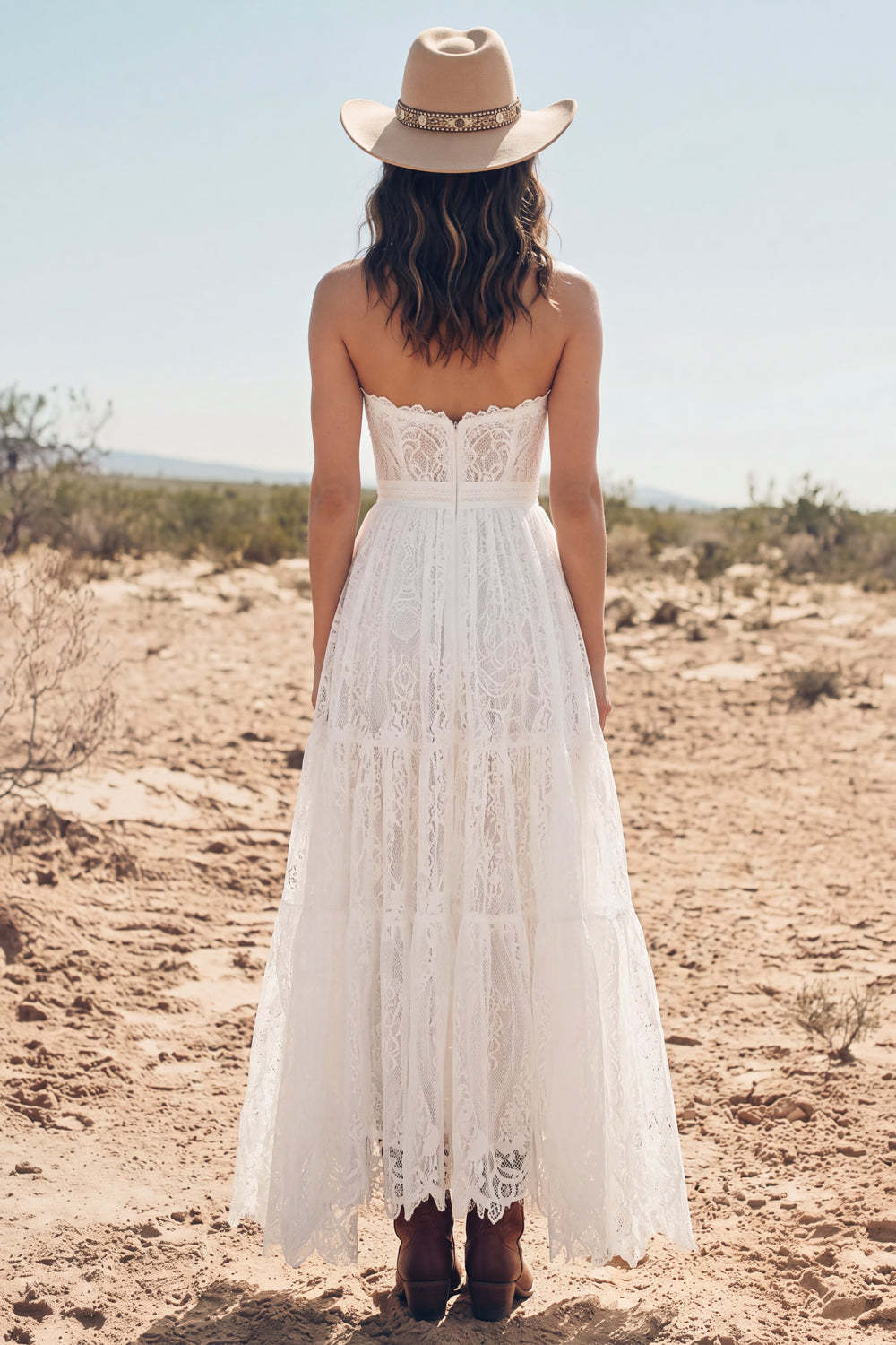White A-Line Tiered Strapless Boho Lace Long Western Wedding Dress