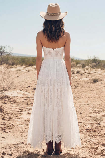 White A-Line Tiered Strapless Boho Lace Long Western Wedding Dress