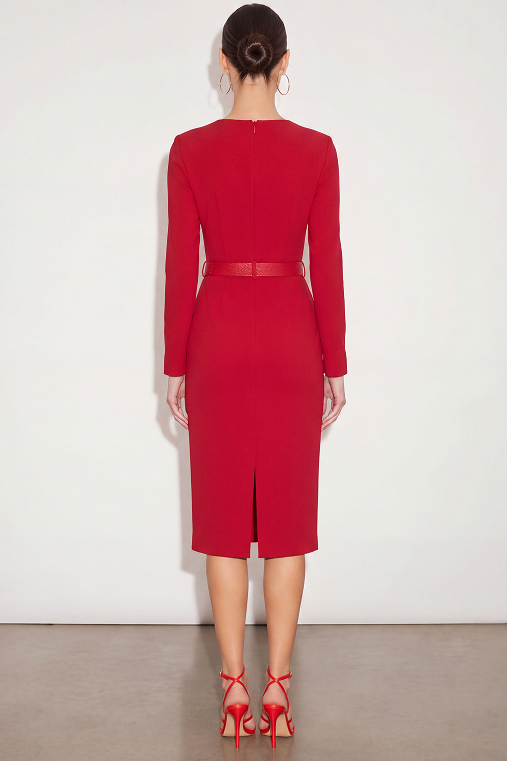 Red Pencil Knee Length Work Dress with Belt