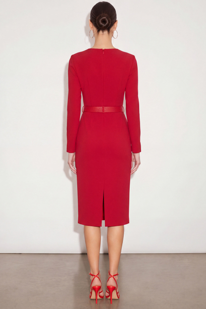 Red Pencil Knee Length Work Dress with Belt