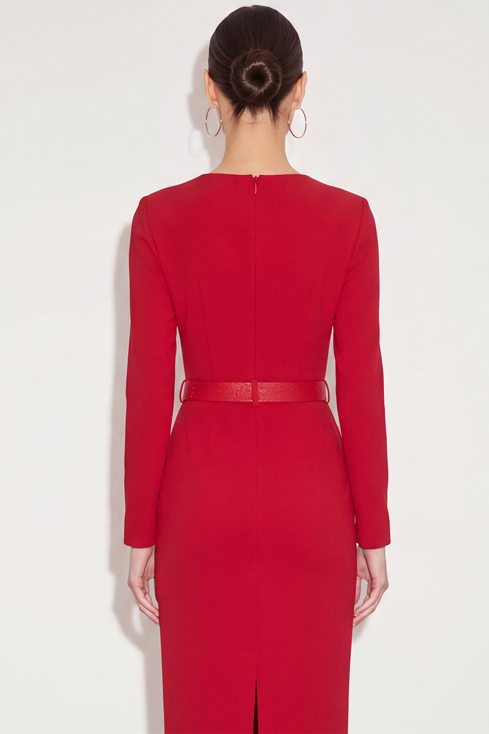 Red Pencil Knee Length Work Dress with Belt