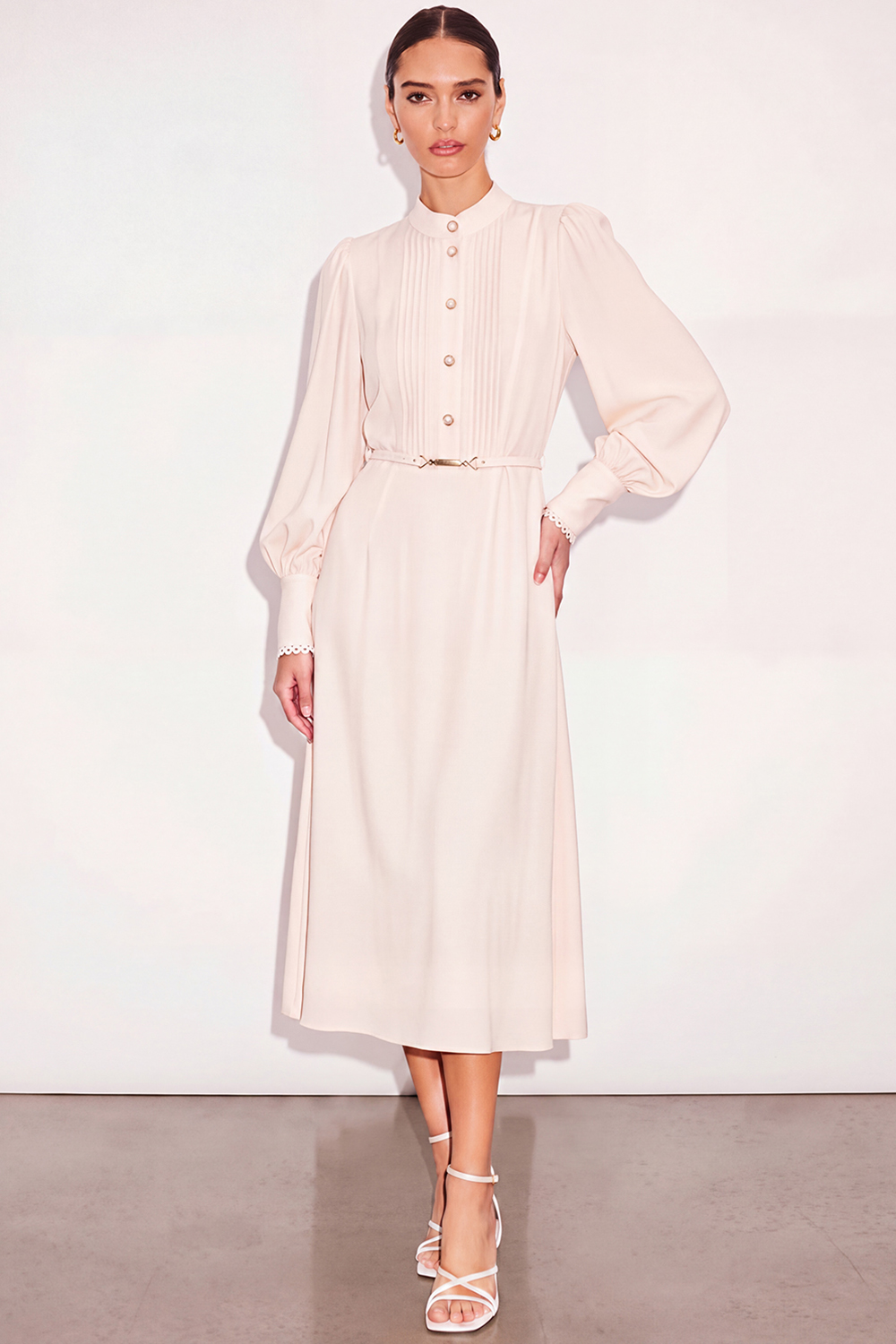Leely Women Ivory High Neck Midi Work Dress with Belt A Line Single Breasted Business Dress with Sleeves