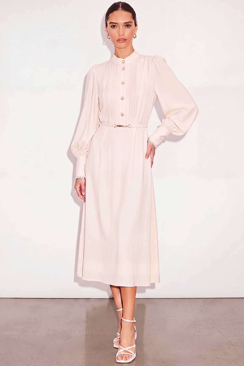 Leely Women Ivory High Neck Midi Work Dress with Belt A Line Single Breasted Business Dress with Sleeves