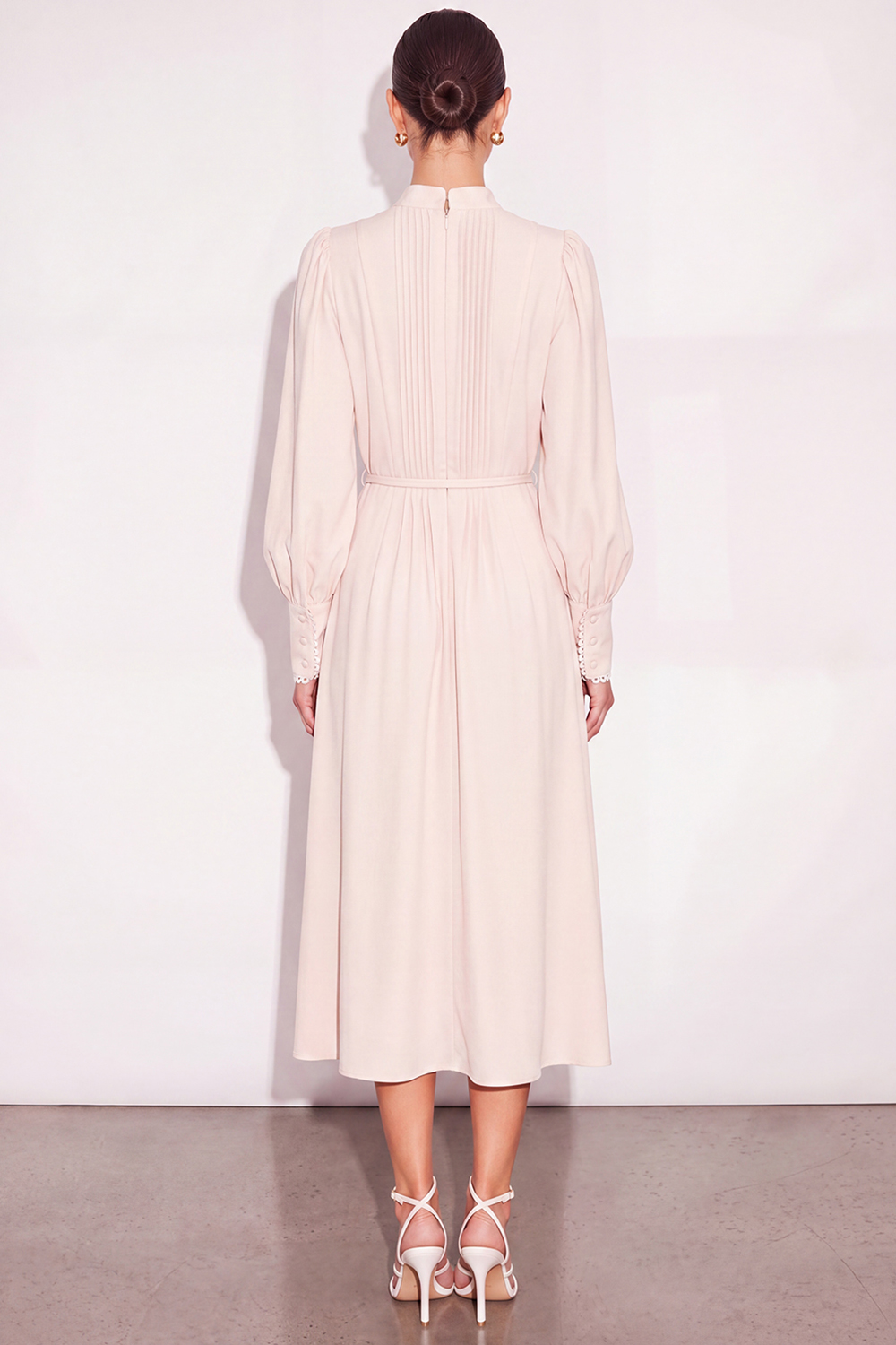 Ivory High Neck Single Breasted Midi Work Dress with Belt