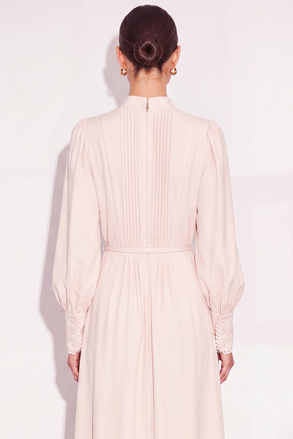 Ivory High Neck Single Breasted Midi Work Dress with Belt