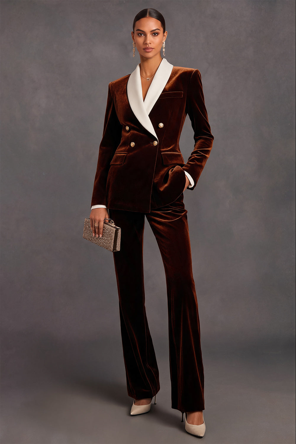 Brown Velvet Shawl Lapel Double Breasted 2 Piece Women Suits with Sleeves
