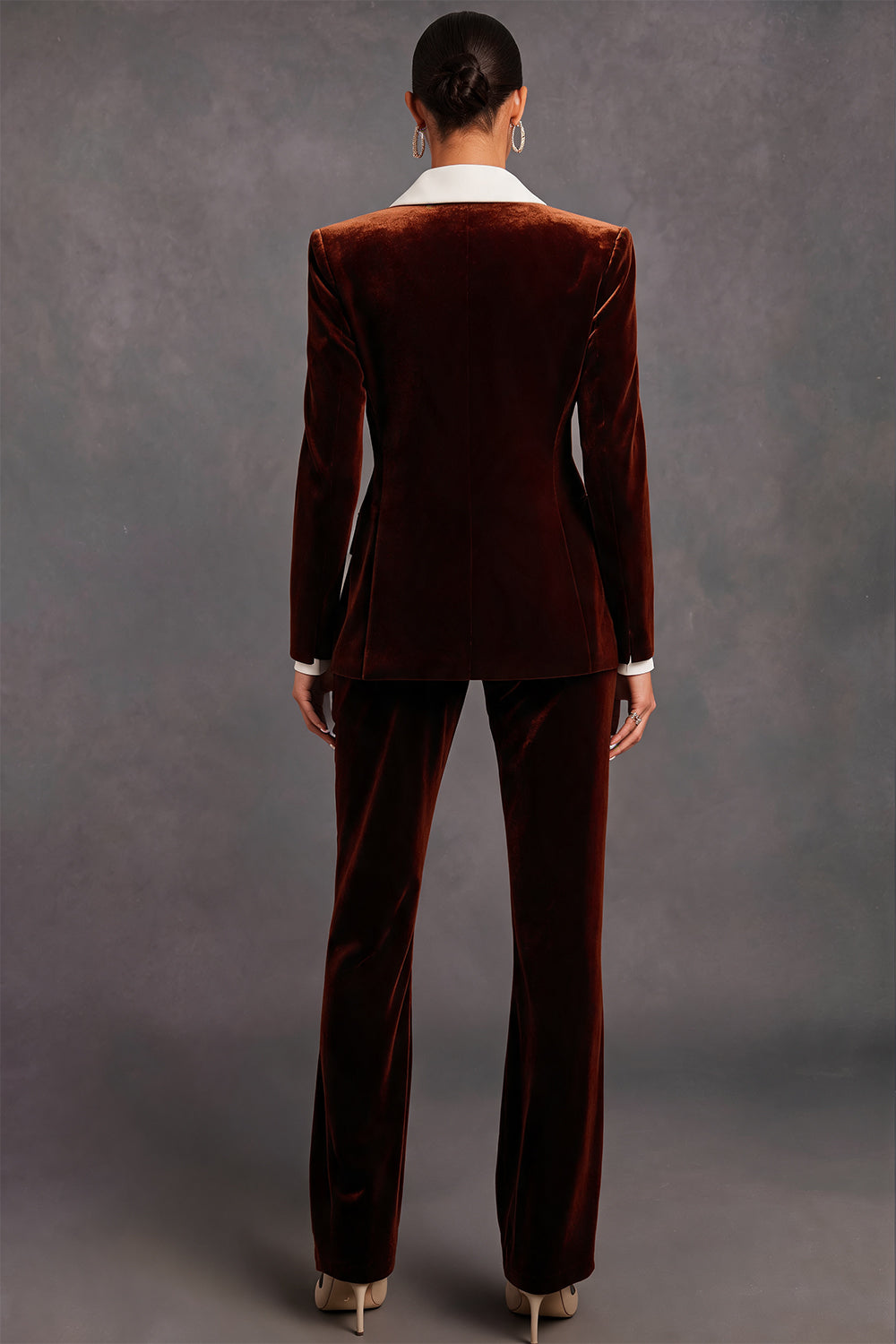 Brown Velvet Shawl Lapel Double Breasted 2 Piece Women Suits with Sleeves